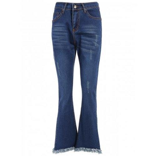 High Waisted Fringed Bell-Bottom Jeans - Blue 30