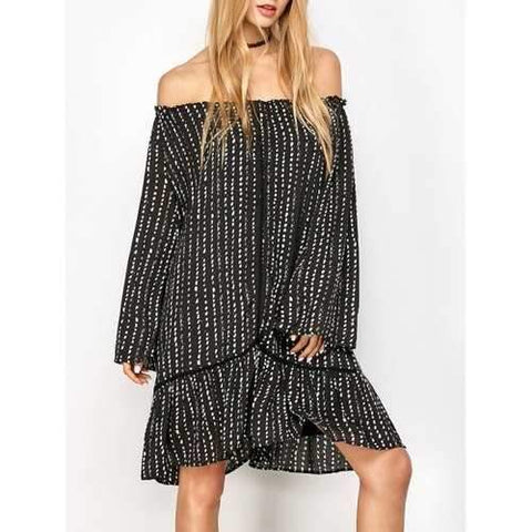 Off Shoulder Printed Tunic Dress - Black L