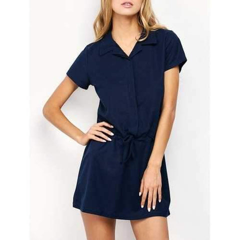 Drawstring Mini Casual Dress With Short Sleeve - Purplish Blue M