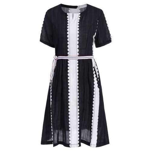 Scalloped Belted Striped Swing Dress - White And Black Xl