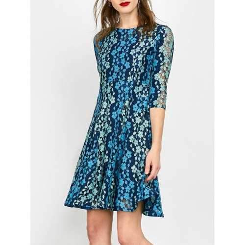 Lace Embroidered Mini Skater Dress - Blue S