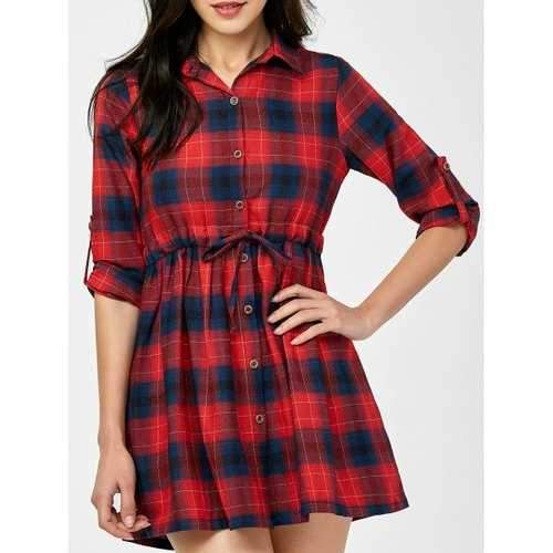 Drawstring Plaid Button Up Mini Checked Shirt Dress - Red 2xl