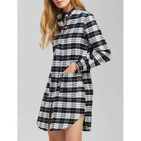 Casual Long Sleeve Checked Shirt Dress - Black L