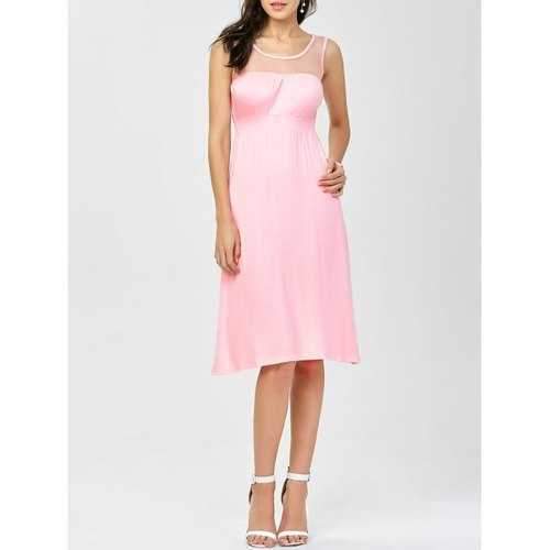 Mesh Insert Empire Knee Length Dress - Pink S