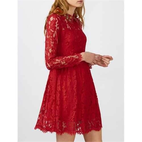 Flat Collar Lace Club Mini Short Prom Skater Dress - Red L