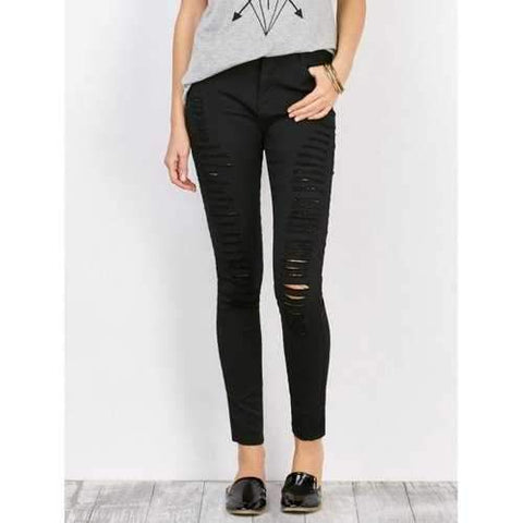 Distressed High Waist Stretchy Skinny Pants - Black 2xl