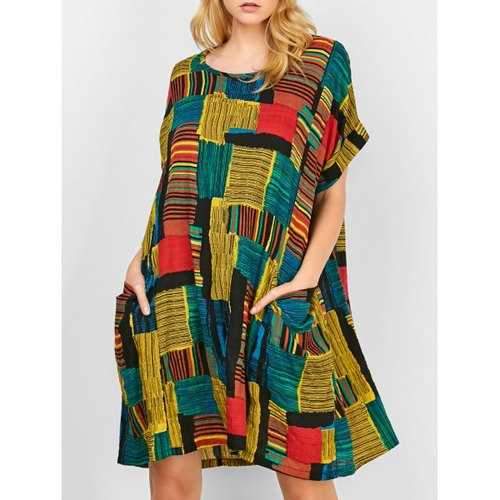 Printed Casual Swing Dress With Pocket Design - Yellow M