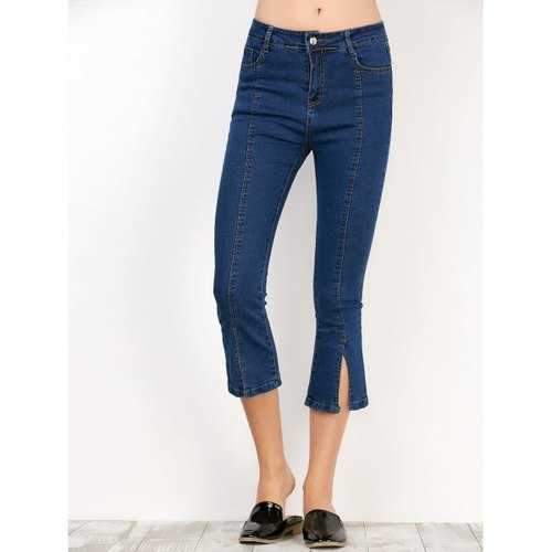 Slit Hem Cropped High Waisted Flare Jeans - Blue 27