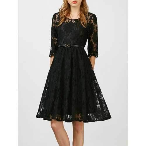 Beaded Lace Belted A Line Cocktail Dress - Black M