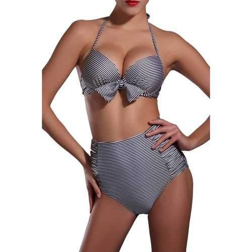 Halter High Waist Stripe Bikini - Gray L