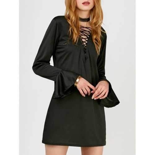 Lace Up Mini Flare Long Sleeve Dress - Black L