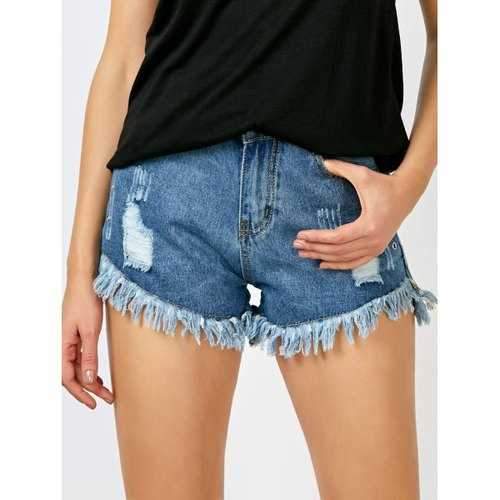 High Rise Distressed Cut Off Shorts - Blue S