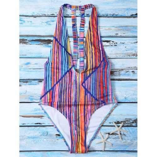 Colorful Striped Plunging Neck One Piece Swimwear - L