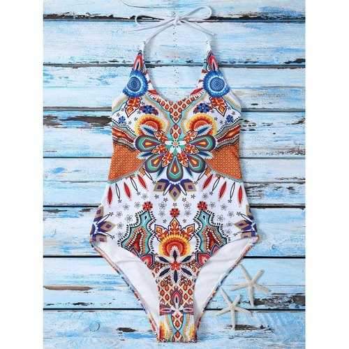 Criss Cross Printed Halter One Piece Swimwear - S