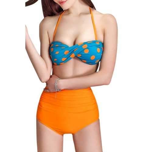 Halter Twist Bandeau High Waist Bikini Set - Orange S