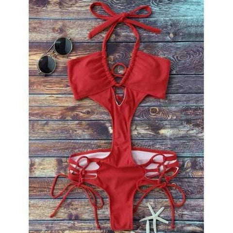 Lace Up Cut Out One Piece Monokini Swimsuit - Red L