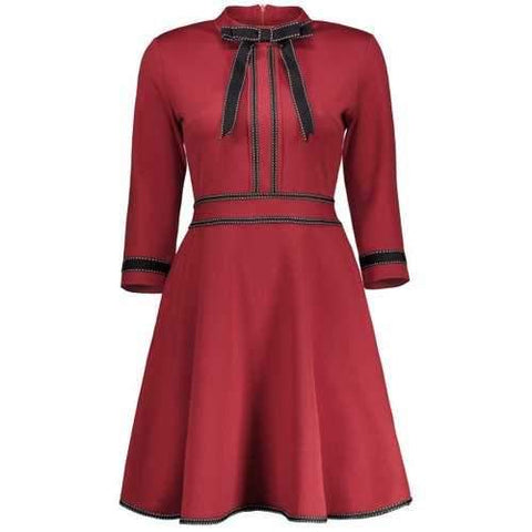 High Neck Bowknot Striped Skater Dress - Deep Red M