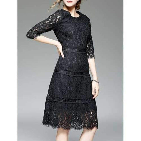 Vintage Scalloped Lace A Line Evening Dress - Black M