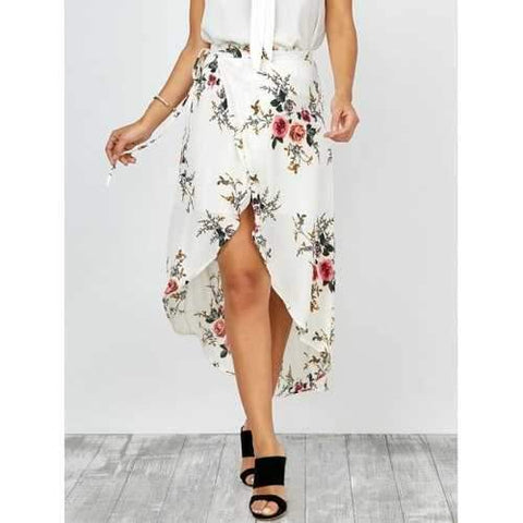 Floral Print Asymmetrical Wrap Skirt - White L