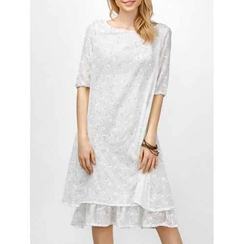 Daisy Floral Two-Layered Linen Midi Shift Dress - White Xl