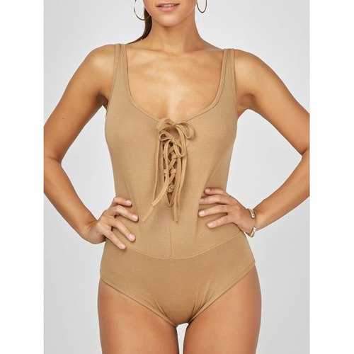 Scoop Neck Lace Up One Piece Swimwear - Camel S