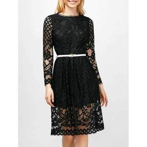 Lace Long Sleeves A Line Dress - Black M