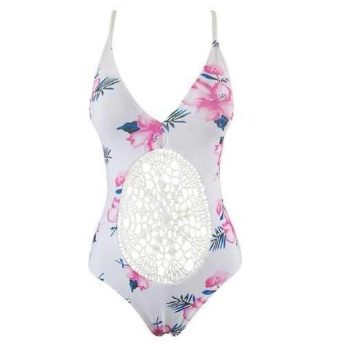 Floral Print Crochet Panel One Piece Swimsuit - White M