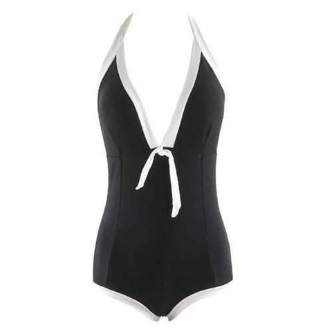 Halter Padded One Piece Swimwear - Black White Xl