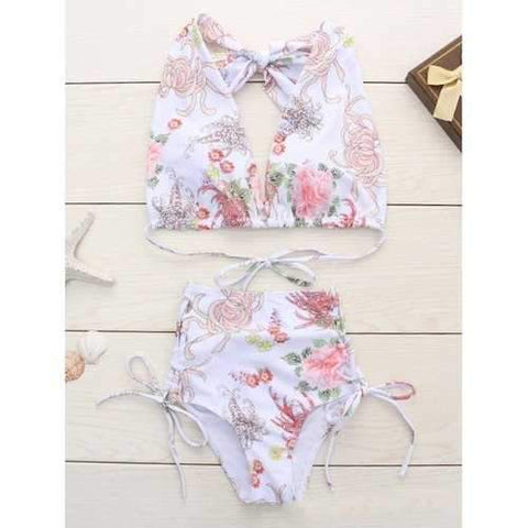 Floral Printed Halter Neck Bikini Set - White M