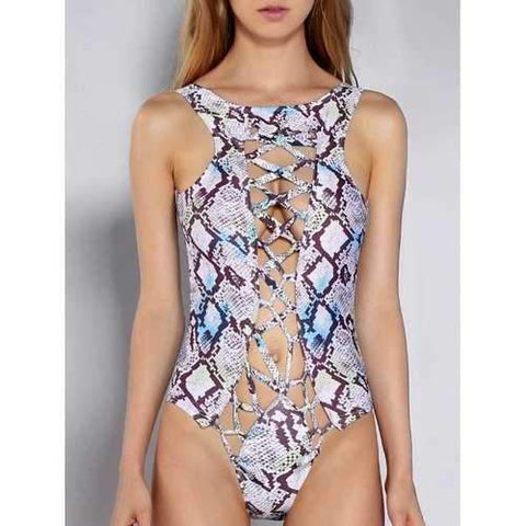 Criss Cross Cut Out Printed One Piece Swimwear - S