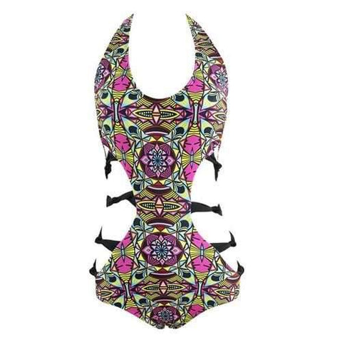 Halter Cut Out Geometric Swimsuit - S