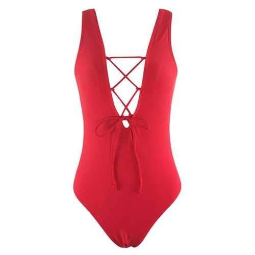 Plunging Neck Lace Up One Piece Swimsuit - Red L