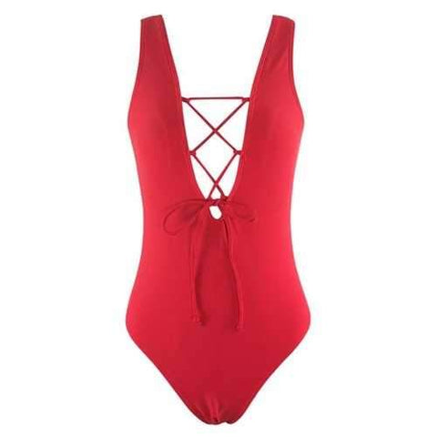 Plunging Neck Lace Up One Piece Swimsuit - Red L