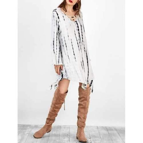 Bell Sleeve Asymmetric Casual T Shirt Dress - White S