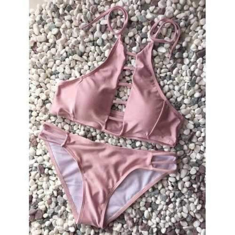 Ladder Cut Out Halter Strappy Bikini Set - Pink S