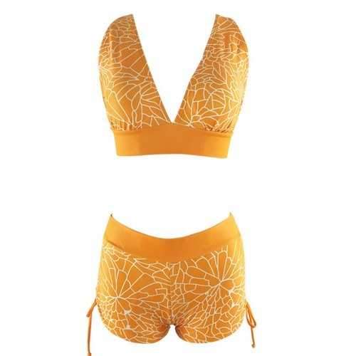 Plunge Printed Crisscross Bikini Set - Orange S