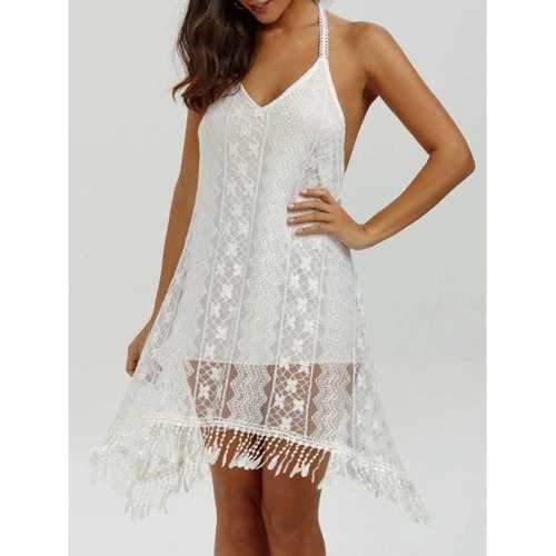 Halter Backless Summer Mini Lace Club Dress - White M