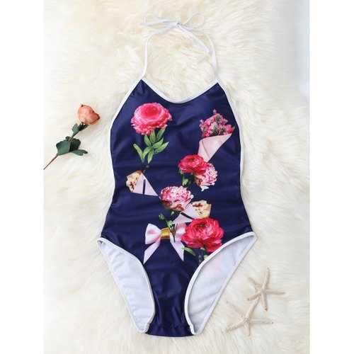 Halter 3D Floral One Piece Swimsuit - Deep Blue M