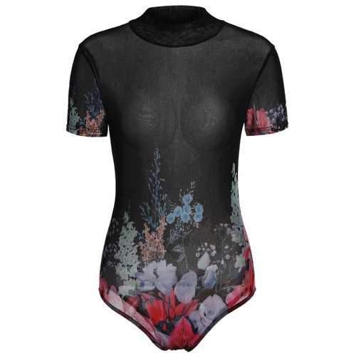 High Neck Floral Print Mesh One Piece Swimwear - M