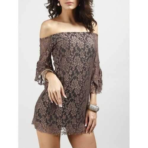 Off Shoulder Lace Party Dress With Sleeves - Tan One Size