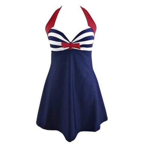 Halter Padded Stripe One Piece Swimwear - Purplish Blue L