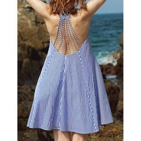 Striped Backless Short Casual Cut Out Dress - Blue 2xl