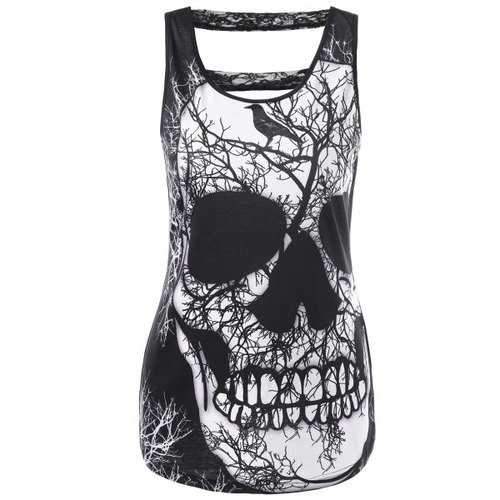 Lace Trim Cut Out Skull Tank Top - Black 2xl