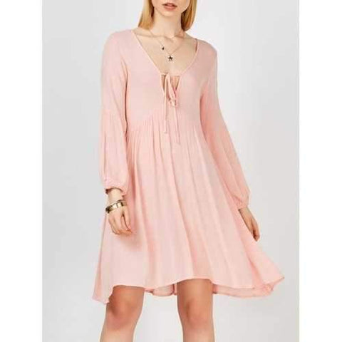 Plunging Neck Self Tie Crinkled Casual Dress For Summer - Pink Xl