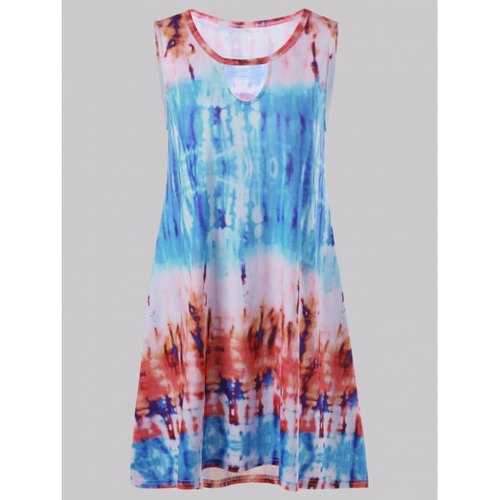 Sleeveless Keyhole Tie Dye Casual Spring Dress Female - Sky Blue L