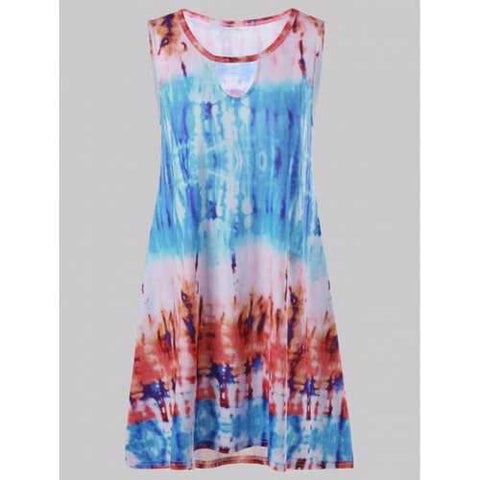 Sleeveless Keyhole Tie Dye Casual Spring Dress Female - Sky Blue L