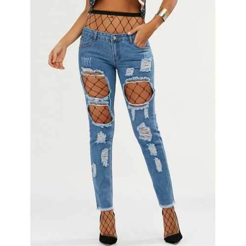 Light Wash Ripped Jeans with Fishnet Tights - Deep Blue M