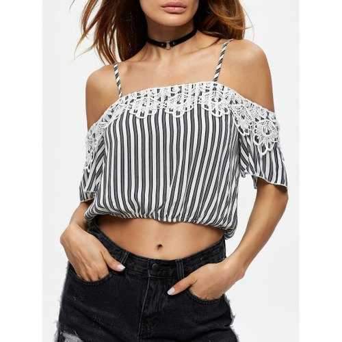 Spaghetti Strap Lace Panel Striped Crop Top - Black White M