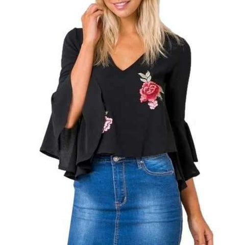 Floral Embroidered Cutout Cropped Bell Sleeve Top - Black M