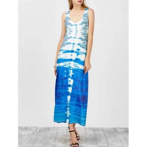 U Neck Tie Dye Maxi Flapper Dress - Blue M